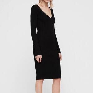 All saints Ribba Ribbed Sweater Midi Dress Womens Small Black Stretch Bodycon